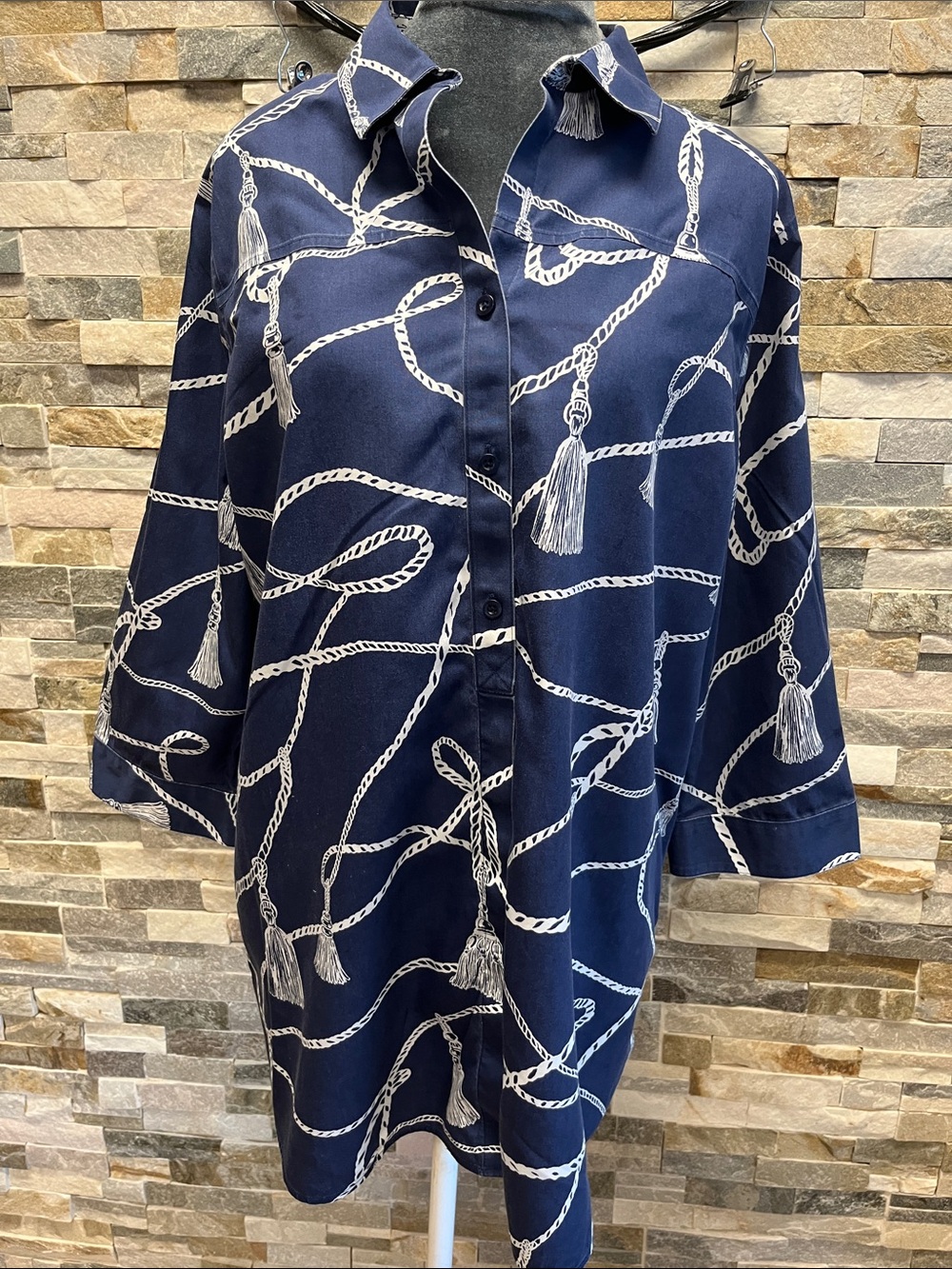 Chico's Navy and White Nautical Rope Print Shirt